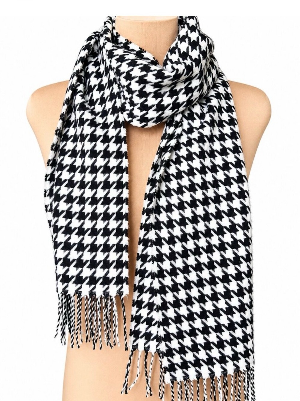 Merona Houndstooth Scarf Black White Fringe Edges